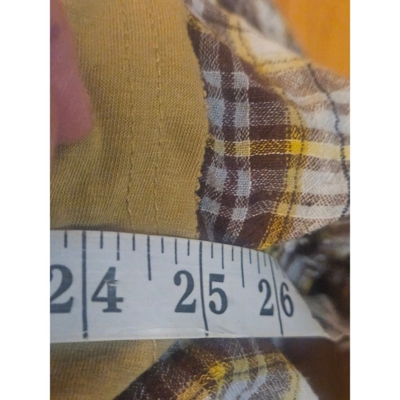 Three Bird Nest Mixed Media Henley Top Tan Plaid Floral Boho Long Sleeve Medium - Picture 6 of 6